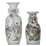 Two Chinese famille rose vases, both backs with a signed text, Republic period, H 45 - 57,5 cm