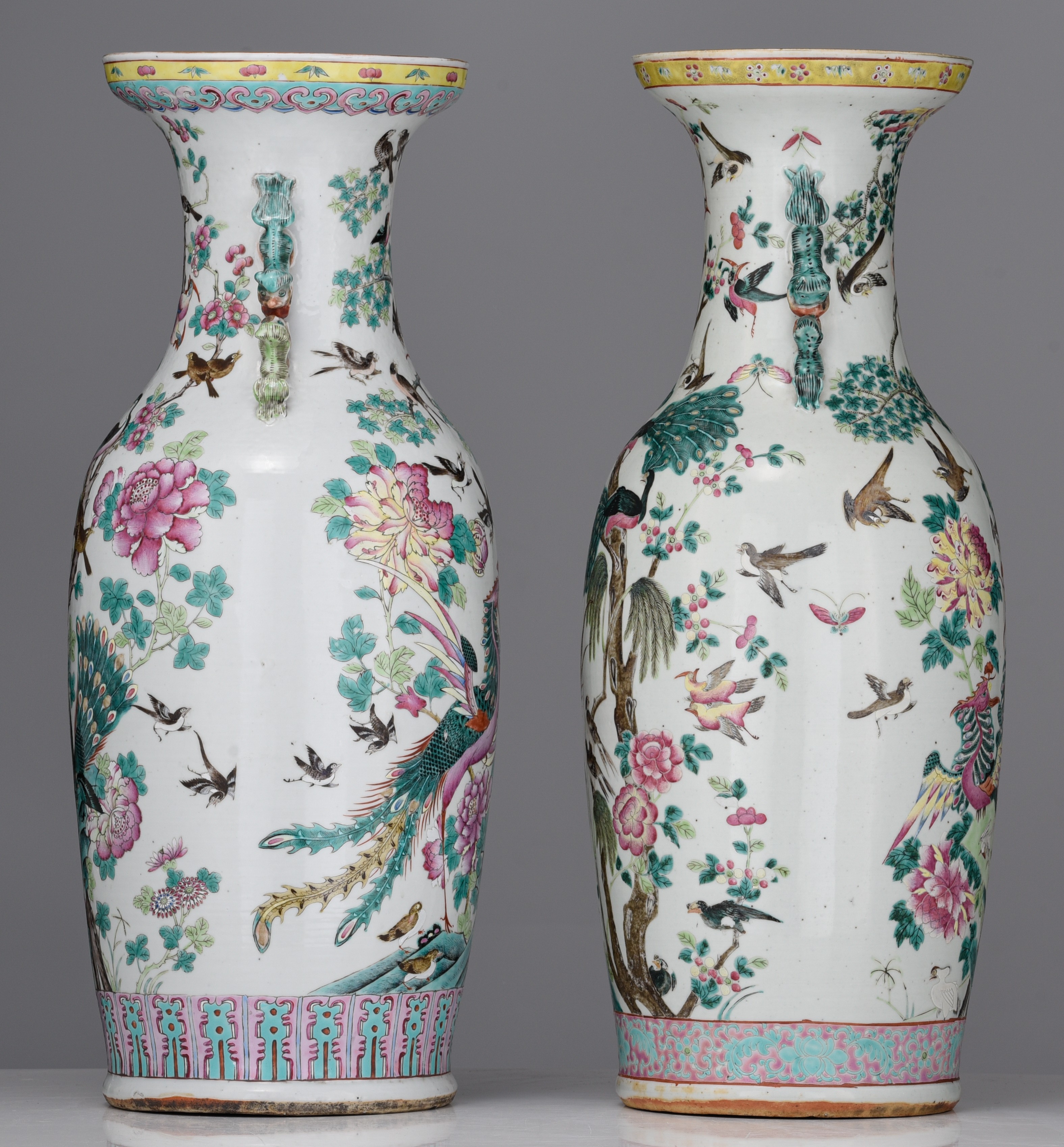 A similar pair of Chinese famille rose 'One Hundred Birds' vases, 19thC, H 62 cm - Image 5 of 7