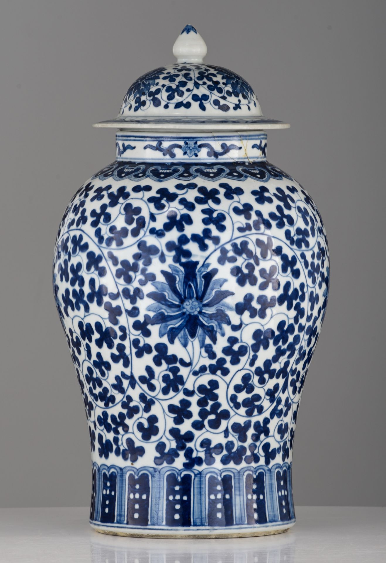 Two Chinese blue and white 'Scrolling lotus' baluster vases and cover, 19thC, H 49 - 51 cm - Image 5 of 15