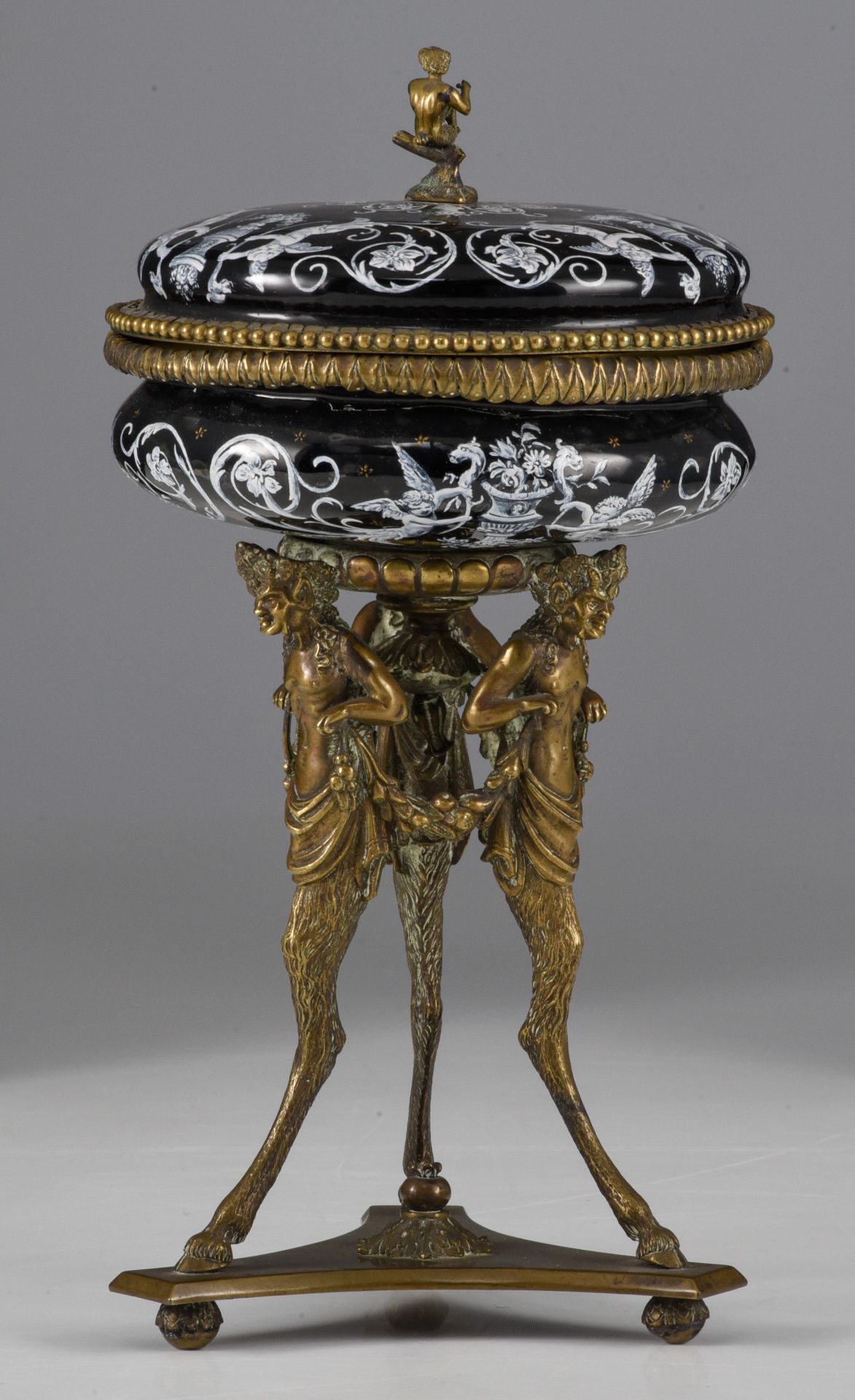 A Limoges enamel box with cover and a tazza with cover, Napoleon III period, H 8 - 23 cm - Image 12 of 16