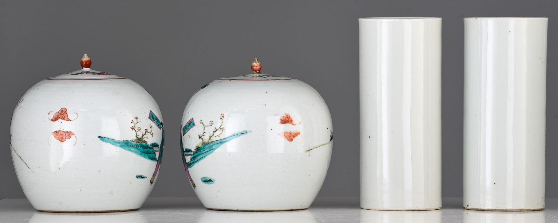 A collection of Chinese ginger jars, a water bowl and cylindrical vases, 19thC/Republic period, H 28 - Image 13 of 16