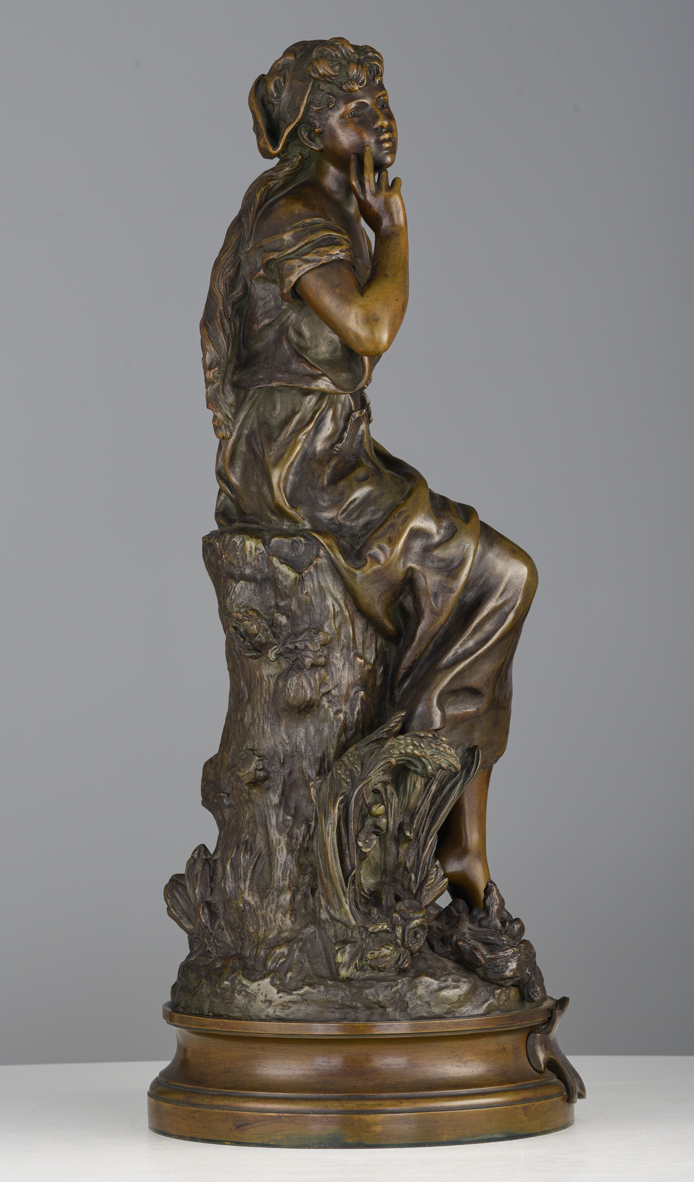 Hippolyte Francois Moreau (1832-1927), 'Chant de l'alouette', patinated bronze, H 58,5 cm - Image 6 of 9