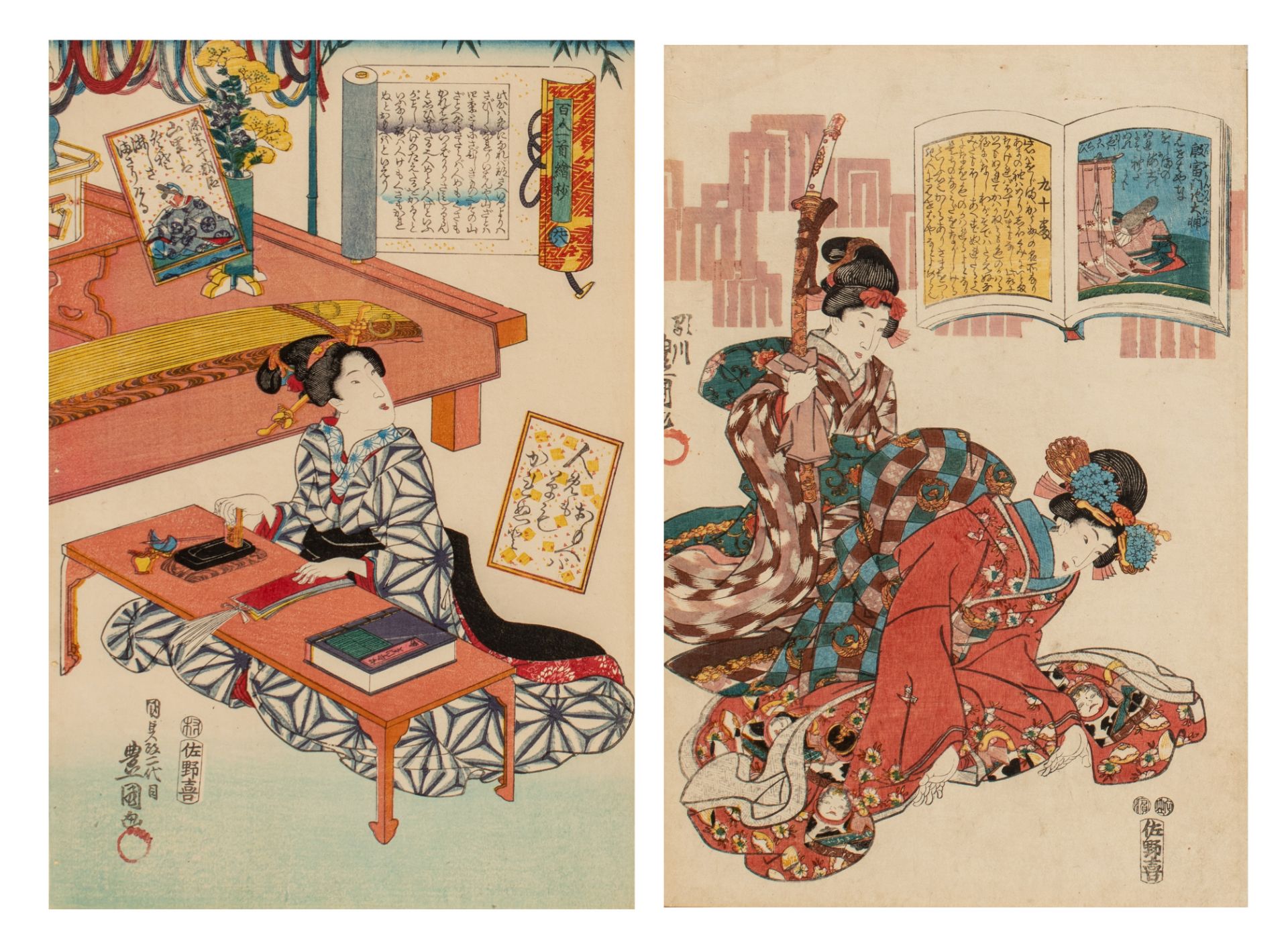 Two Japanese woodblock prints by Toyokuni, both from the series "the 100 poets", with courtesan prin