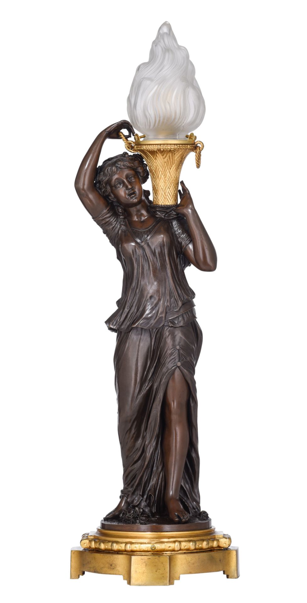 A gilt and patinated bronze figural lamp, H 57 cm