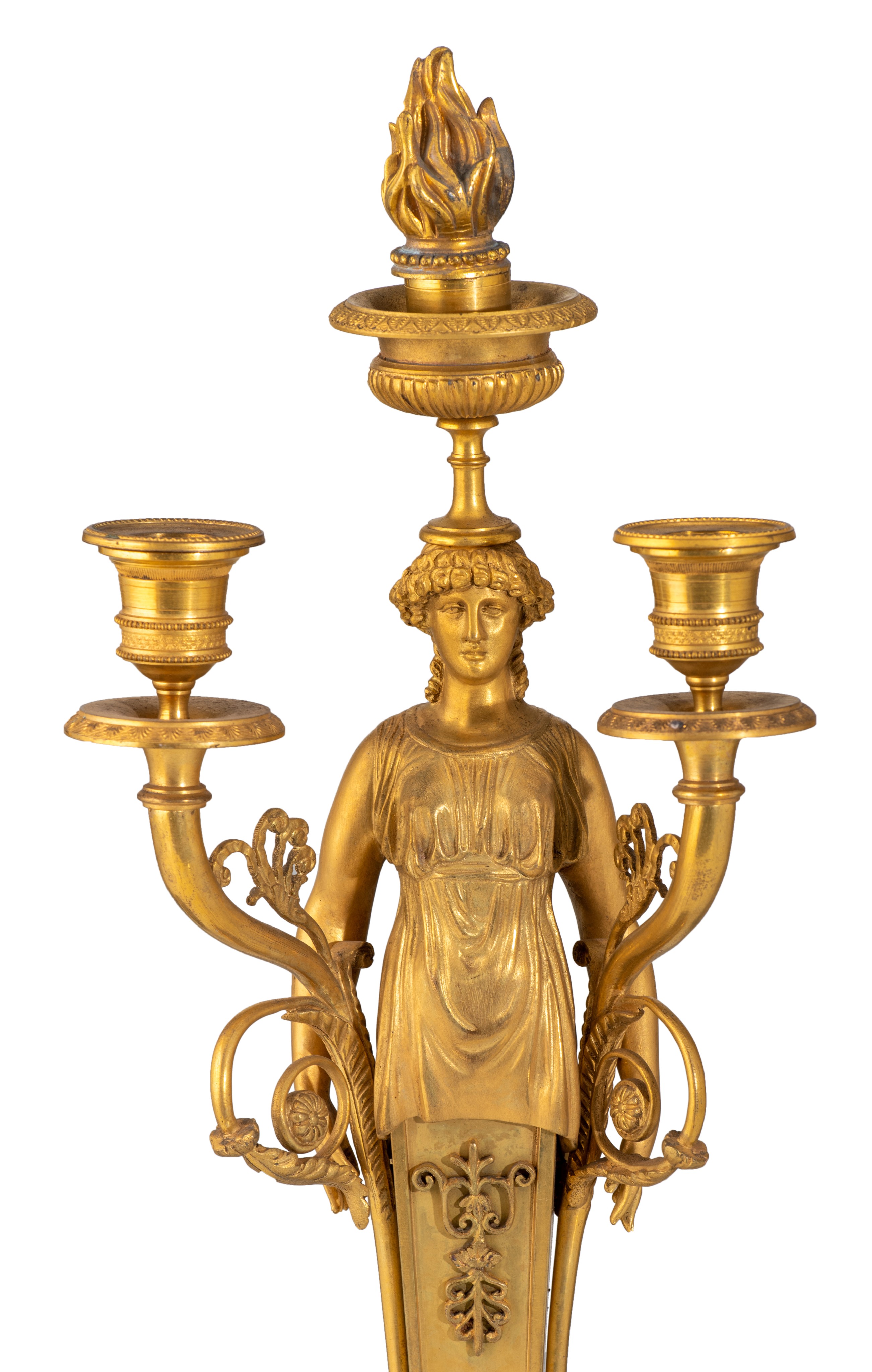 A set of four Empire style caryatid candelabras, gilt bronze on a vert de mer marble base, H 51,5 cm - Image 5 of 5