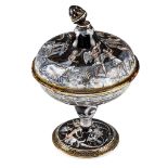 A Limoges enamel tazza with cover, depicting Diana, presumably 16thC, H 29 cm