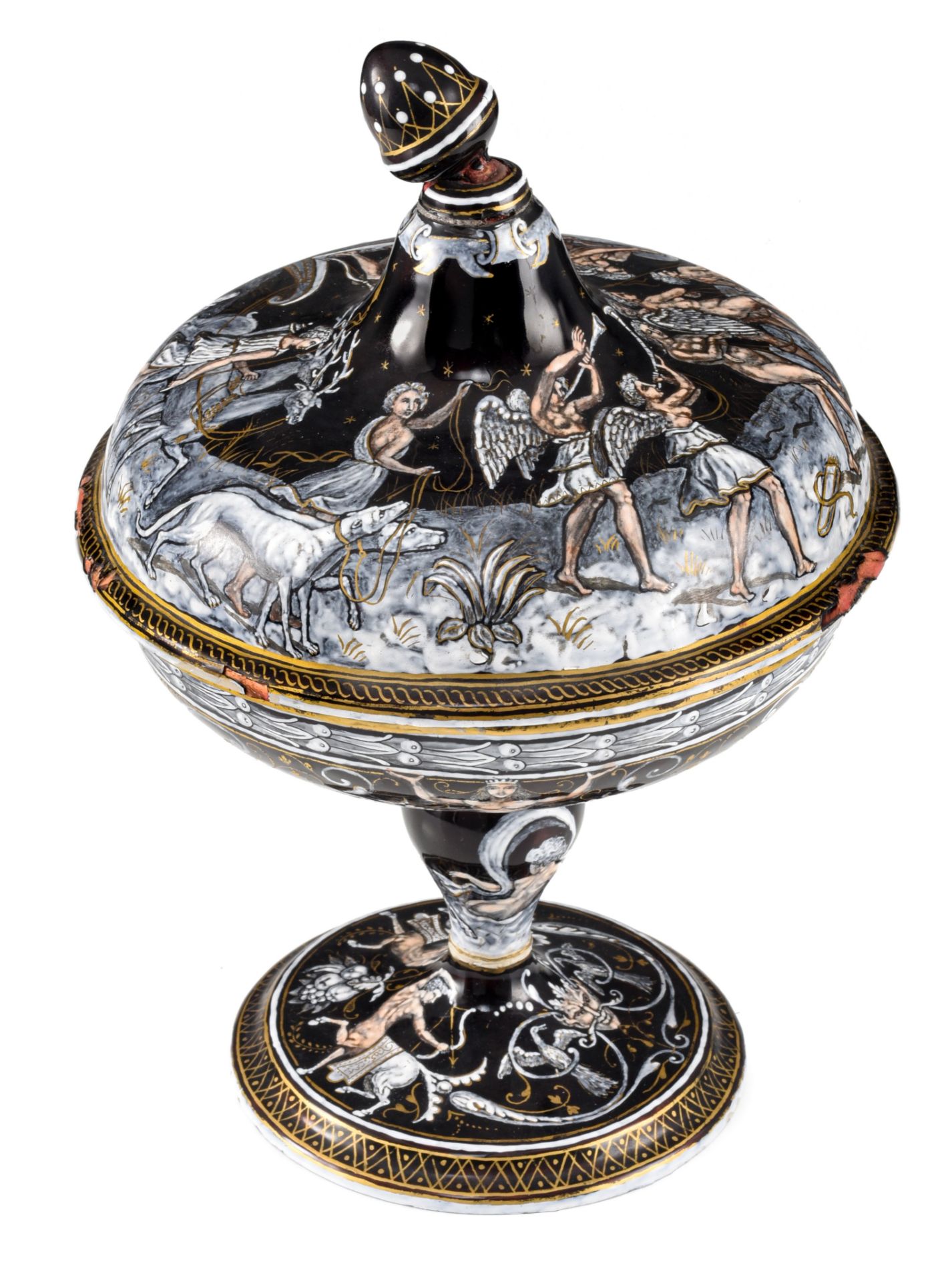 A Limoges enamel tazza with cover, depicting Diana, presumably 16thC, H 29 cm