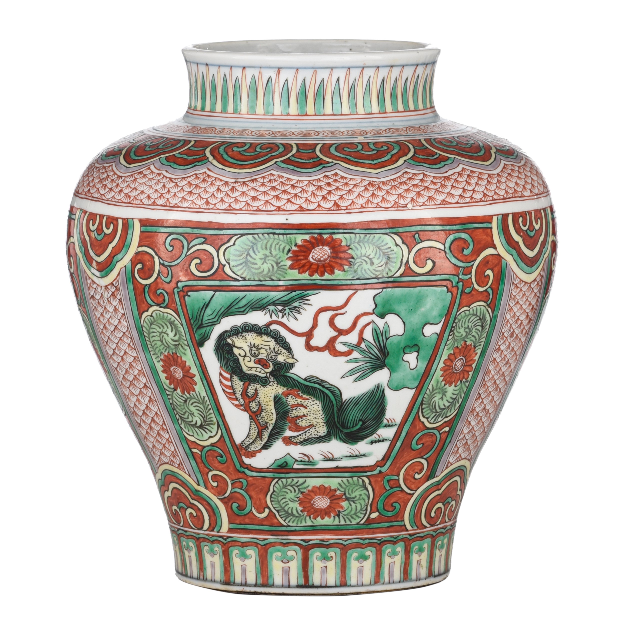 A Chinese wucai style 'Qilin' jar, 20thC, H 27 cm