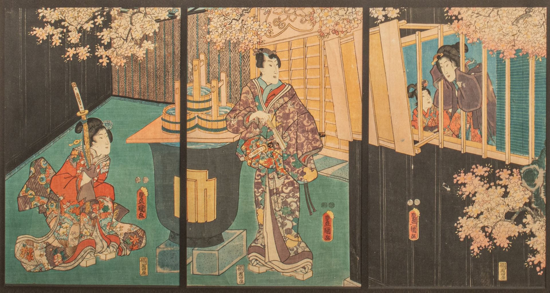 Triptych of Japanese woodblock prints format oban by Toyokuni, signed, depicting a scene from the ka
