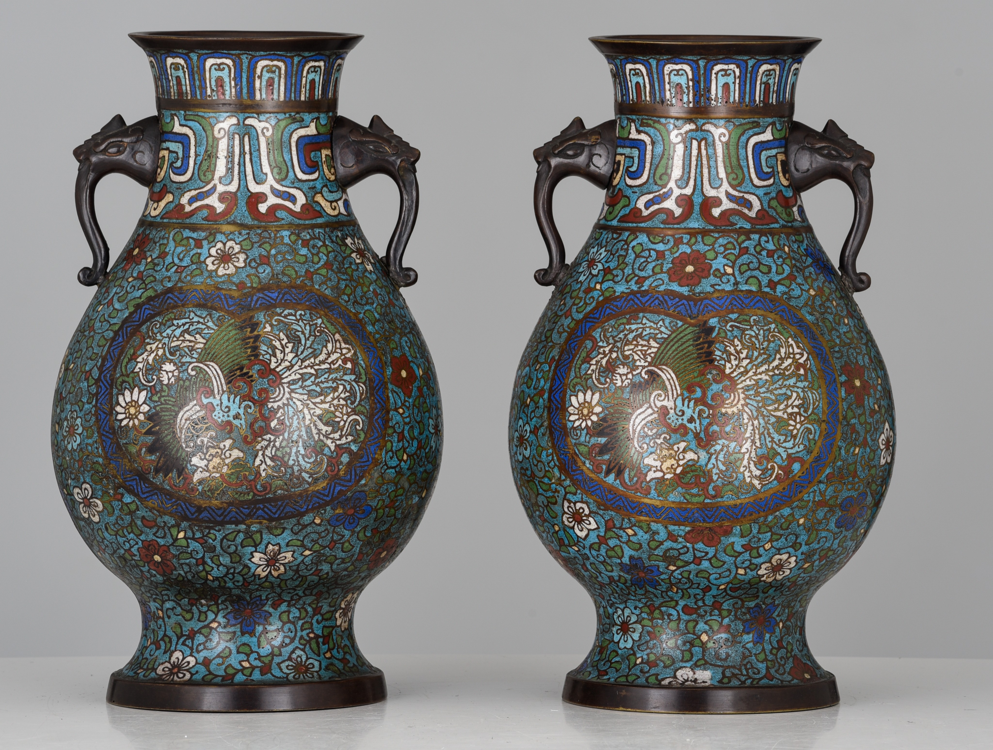 A pair of Japanese champleve bronze vases, 19thC/20thC, H 36 cm - Image 4 of 7