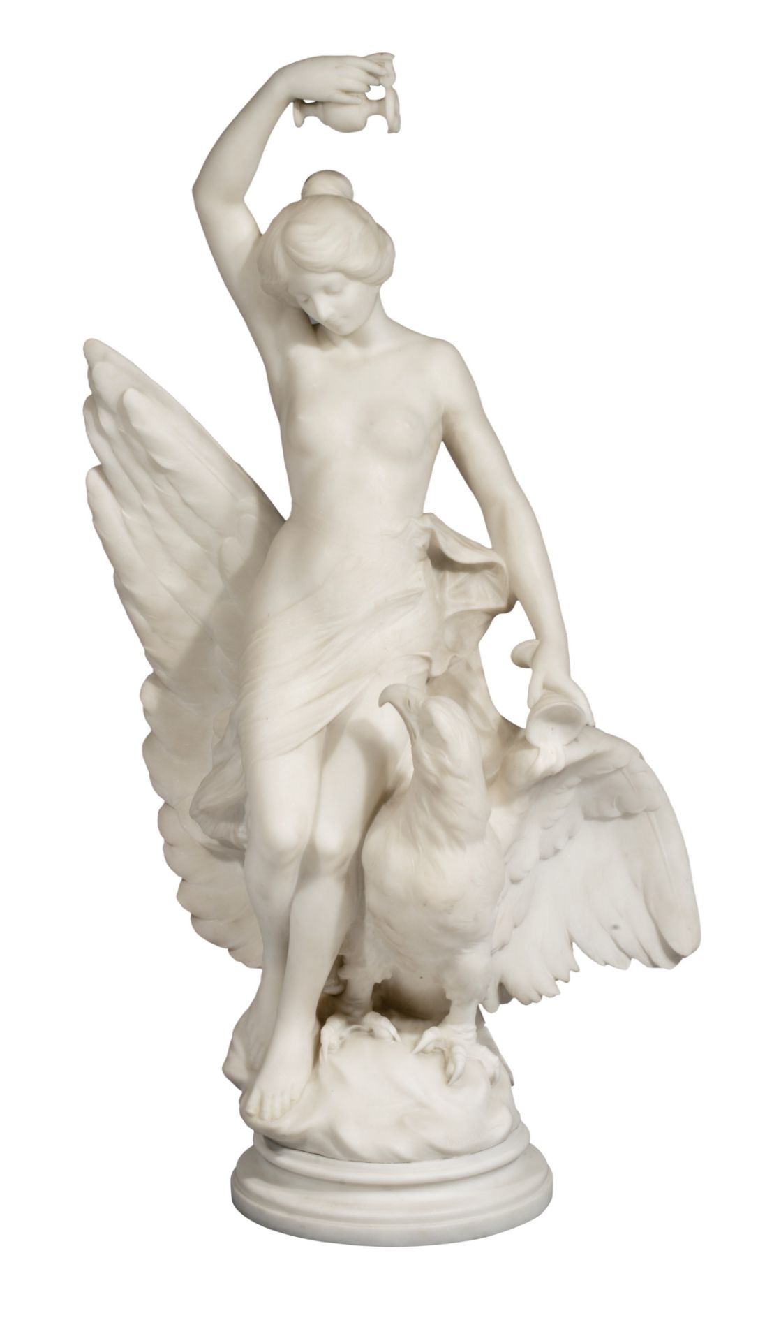 Joseph Cassaigne (1871-), Hebe feeding the eagle of Jupiter, Carrara marble on a marble column, H 19 - Image 2 of 14