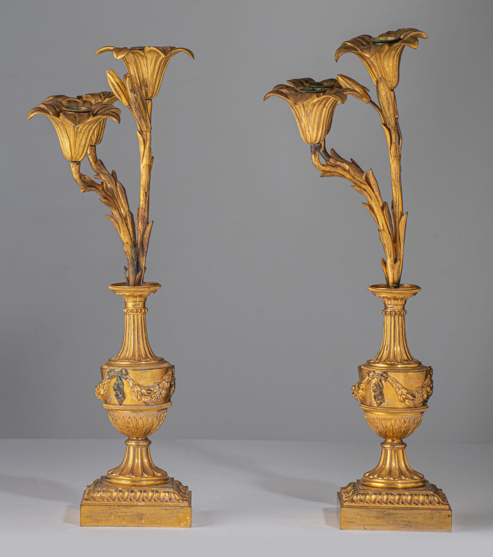 A pair of Neoclassical gilt bronze floral candelabras, H 48 cm - Image 3 of 6