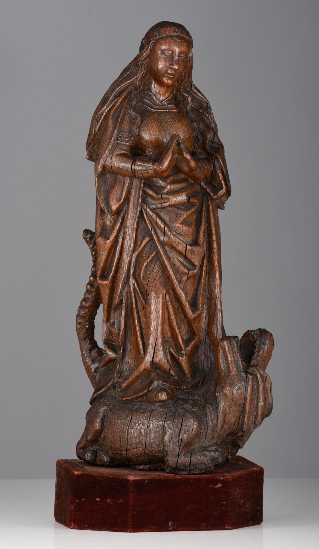A fine oak sculpture of Saint Margaret and the dragon, 16thC, the Southern Netherlands, H 61 cm - Image 2 of 9