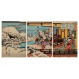 Triptych of Japanese woodblock prints by Hiroshige, the vision of Tiara Kiyomori, ca. 1843 (+)