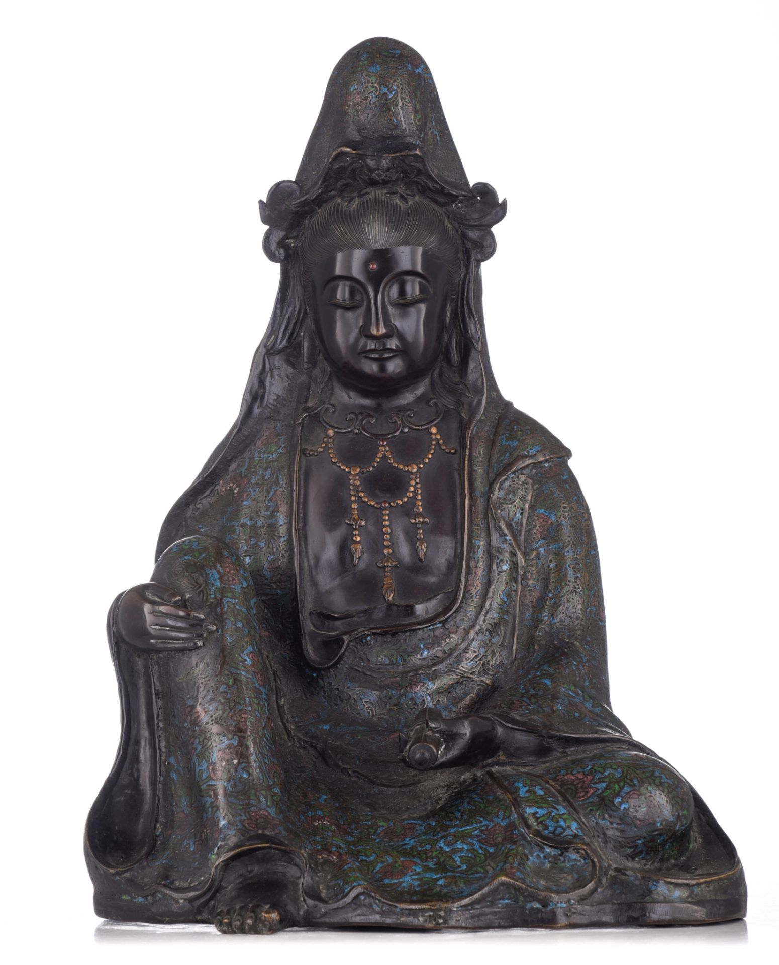 A Japanese champleve bronze seated Kannon, Meiji period, W 43 - H 55 cm