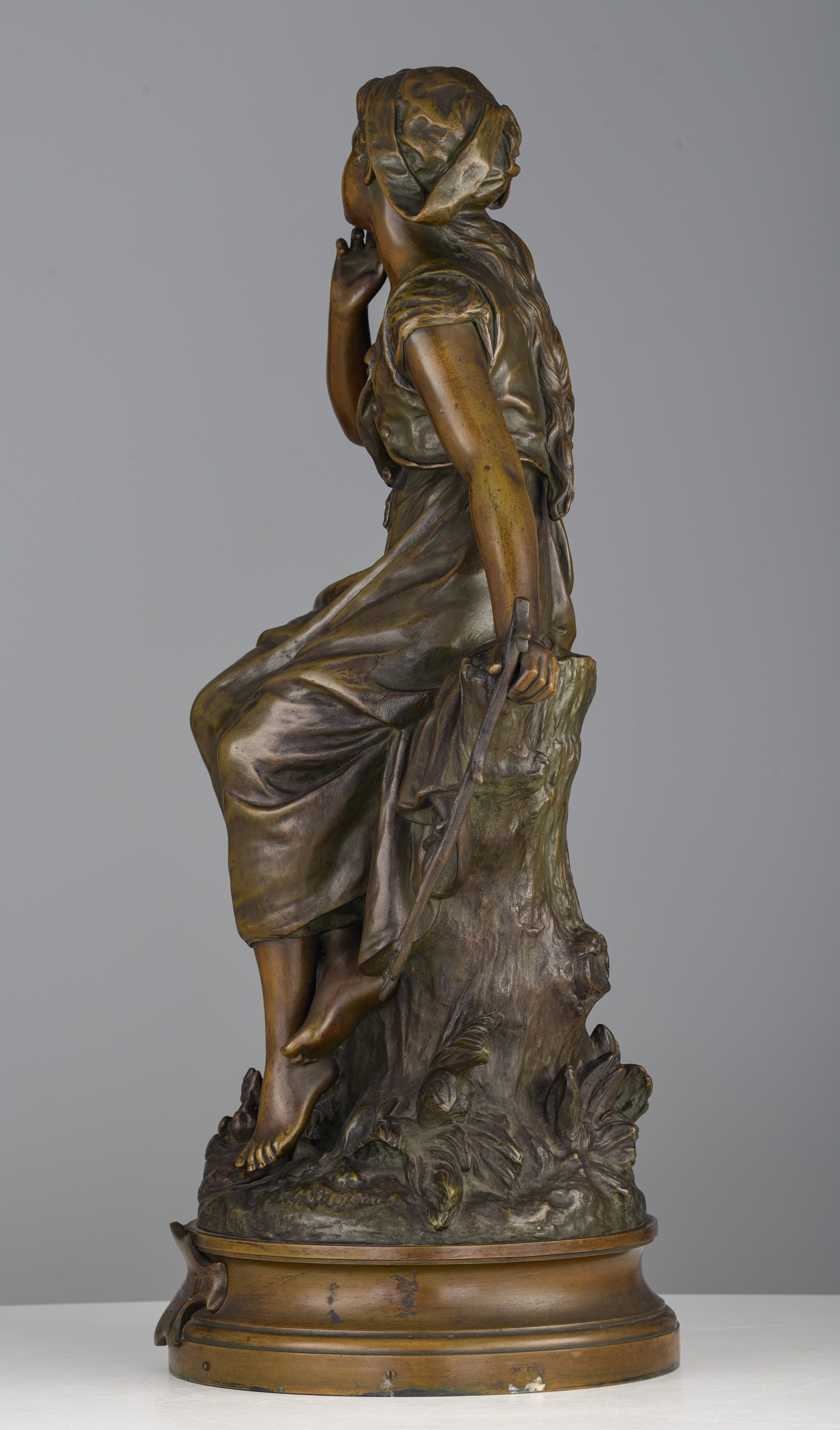 Hippolyte Francois Moreau (1832-1927), 'Chant de l'alouette', patinated bronze, H 58,5 cm - Image 4 of 9