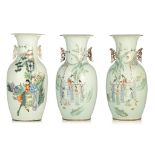 A pair of Chinese famille rose vases, with a signed text, Republic period, H 42 cm - added a famille