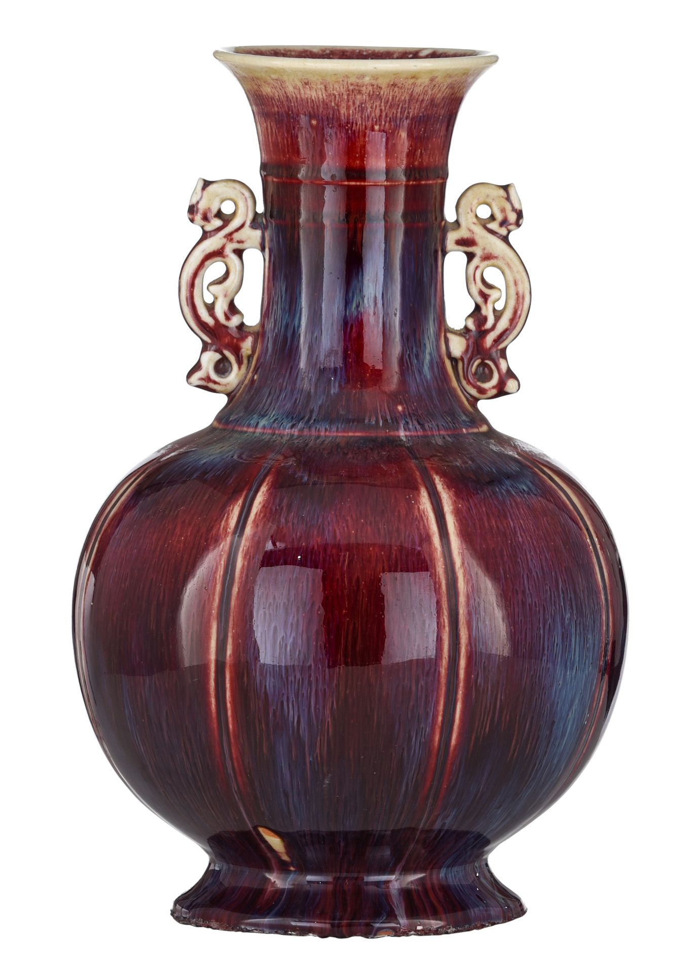 A Chinese flambe-glazed bottle vase, paired with archaistic dragon handles, H 35 cm