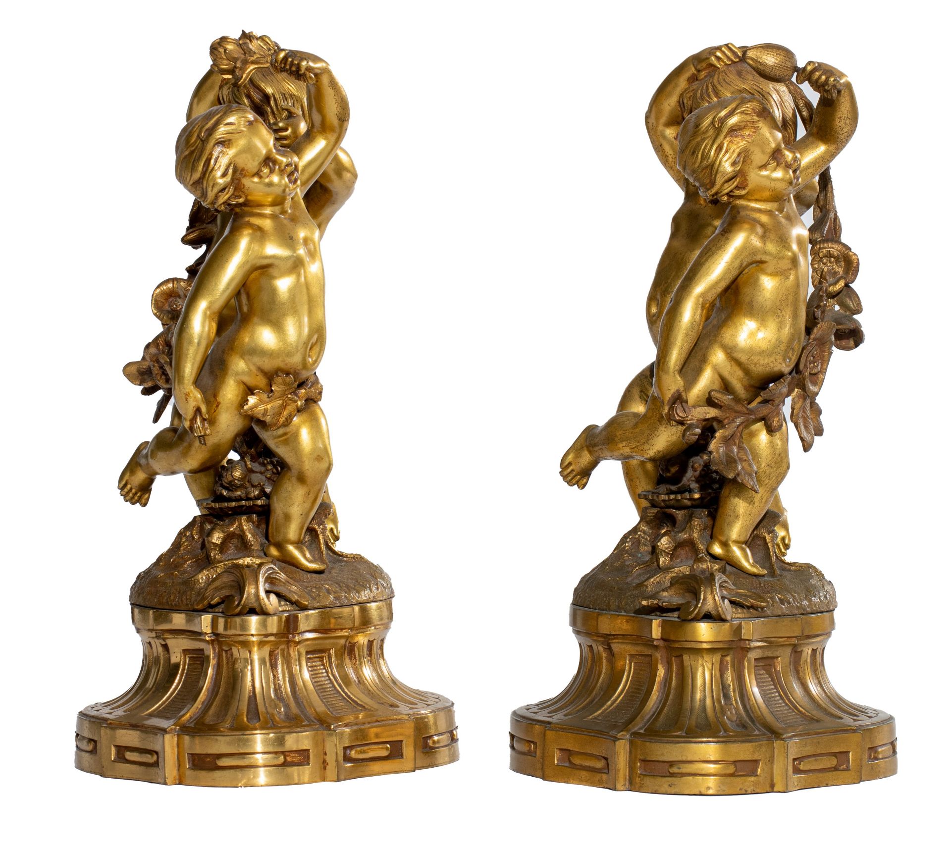 A pair of Neoclassical gilt bronze figural lamps on stands, and a matching pair of sculptures of put - Image 9 of 12