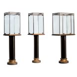 A set of three large display cabinets in brass, glass and wood, H 183 cm
