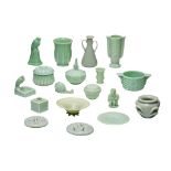 A large collection of press moulded jadeite glass, VSL and others, 20thC, 18 items, H 20 cm (tallest