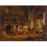 Joseph Moerenhout, Horses in a barn, 19thC, oil on canvas, 38 x 49 cm