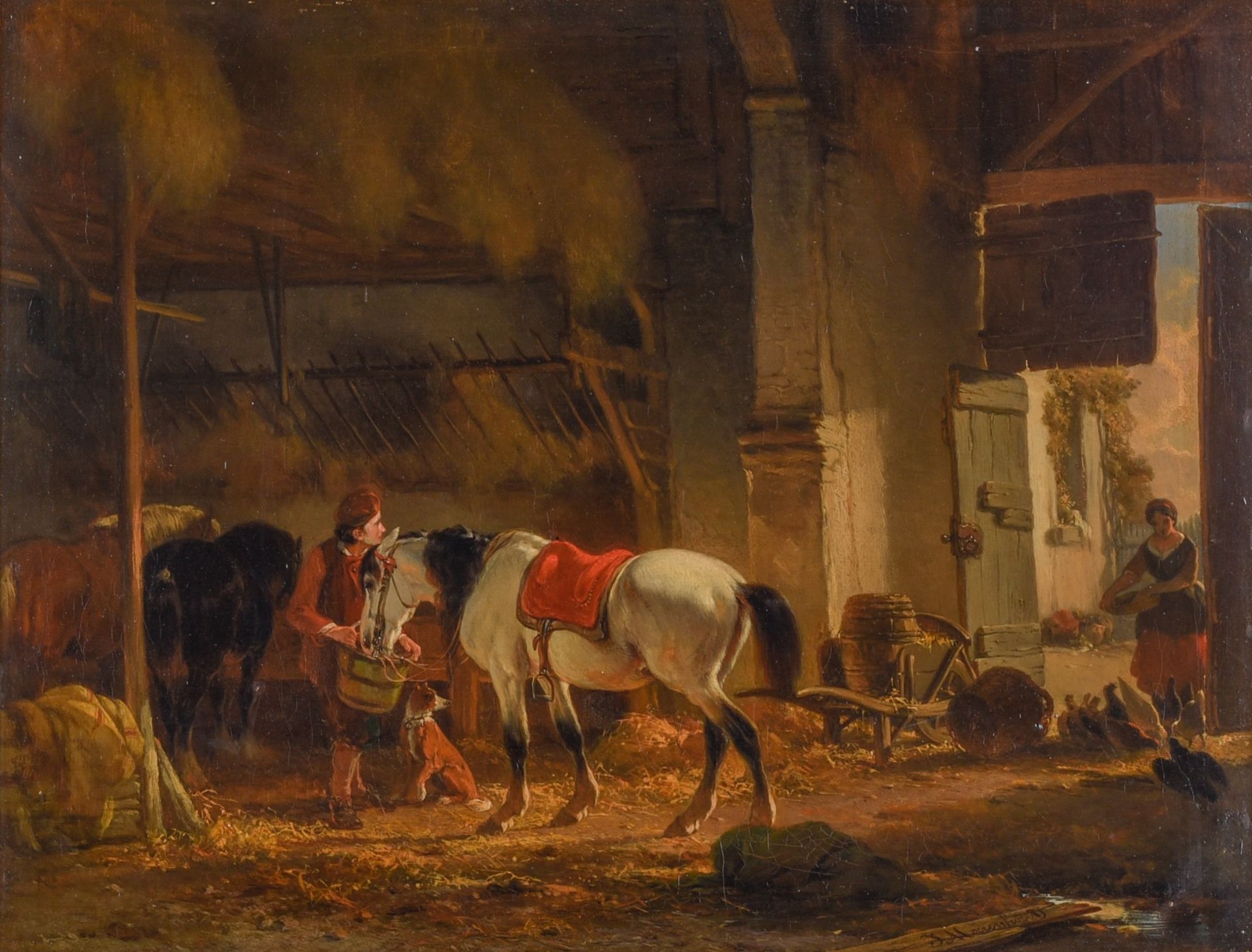 Joseph Moerenhout, Horses in a barn, 19thC, oil on canvas, 38 x 49 cm