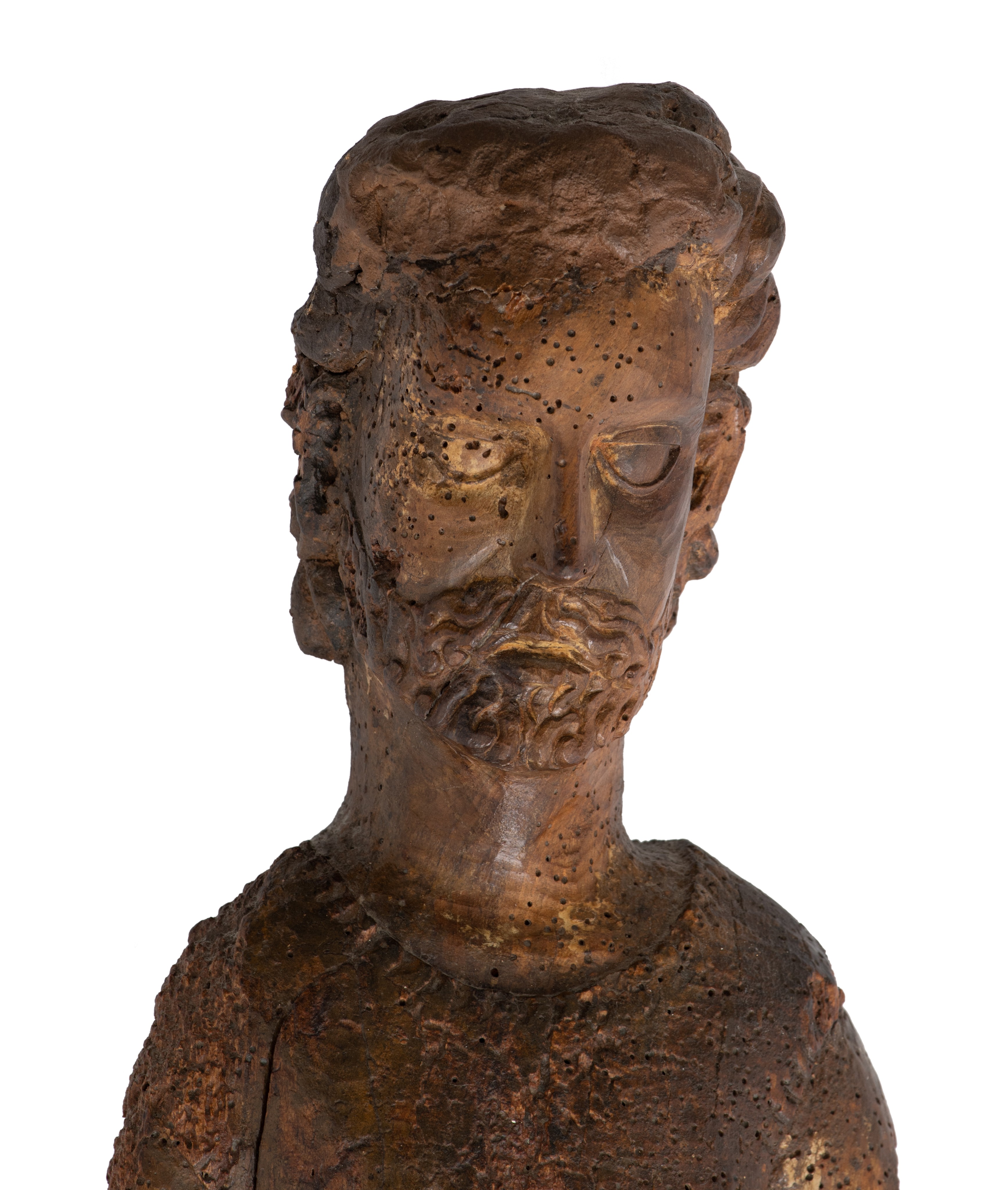 A walnut sculpture of a saint, 15thC, H 80 cm - Image 5 of 7