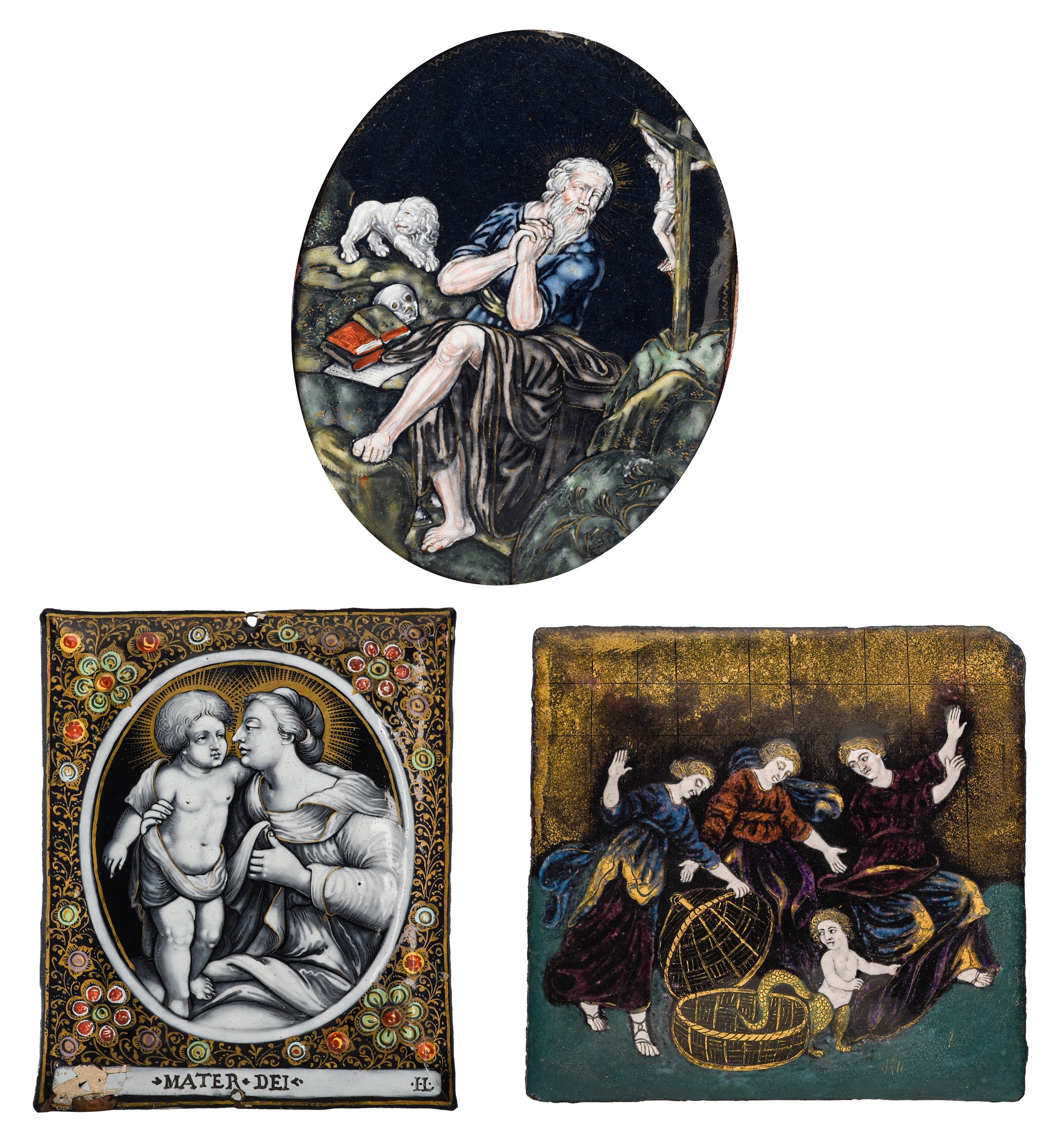 Three polychrome Limoges enamel plaques, H 11 - 15,5 cm