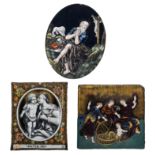 Three polychrome Limoges enamel plaques, H 11 - 15,5 cm