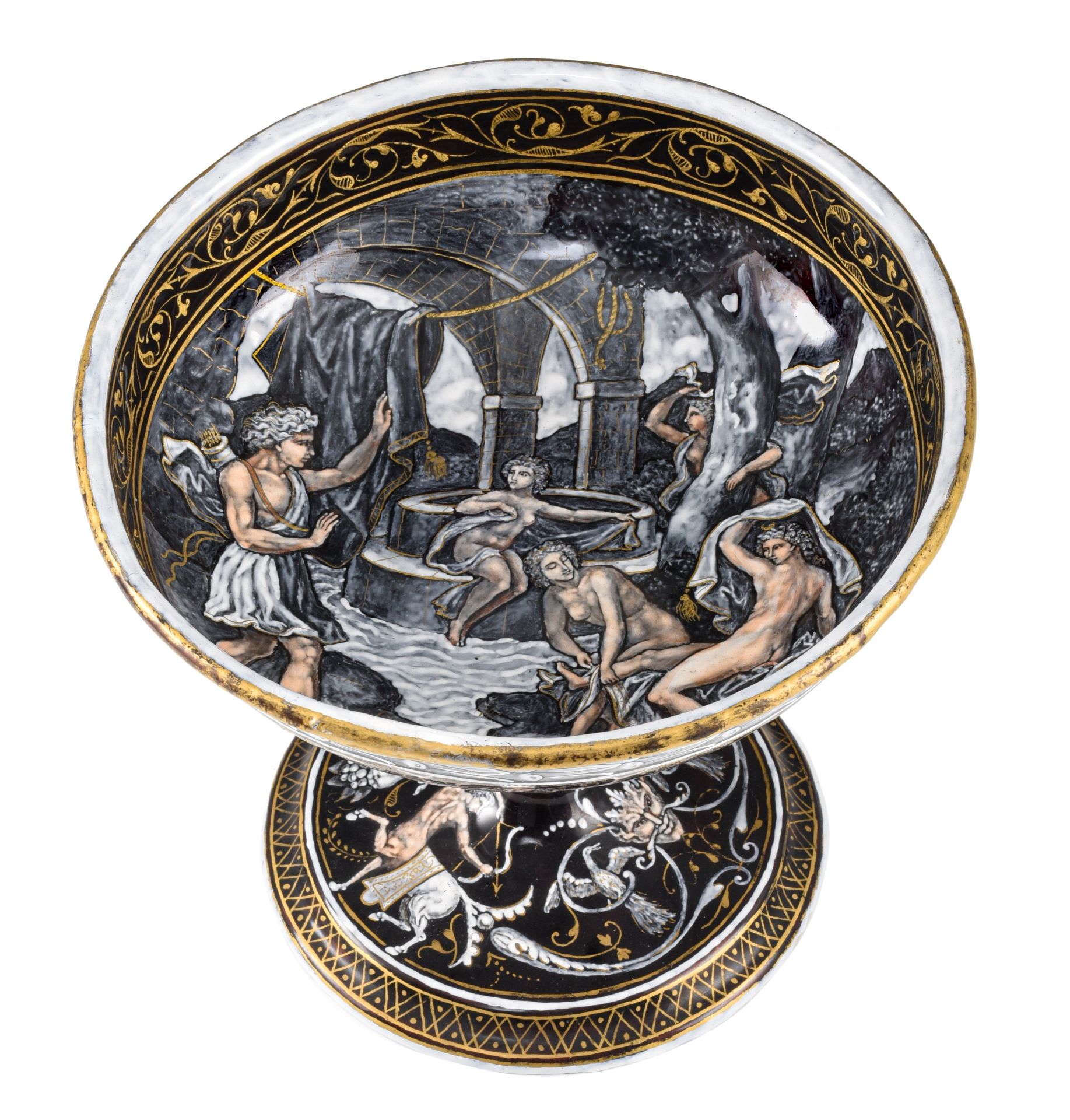A Limoges enamel tazza with cover, depicting Diana, presumably 16thC, H 29 cm - Image 2 of 18