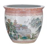 A Chinese famille rose 'Mountainous landscape' jardiniere, with a signed text, Republic period, H 40