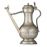 A large late 17thC Swiss pewter 'Stegkanne' or wine flagon, probably Bern, H 31 cm