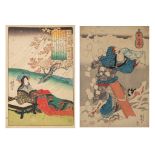 Two Japanese woodblock prints by Kuniyoshi, one from the "one hundred poets" series depicting a cour
