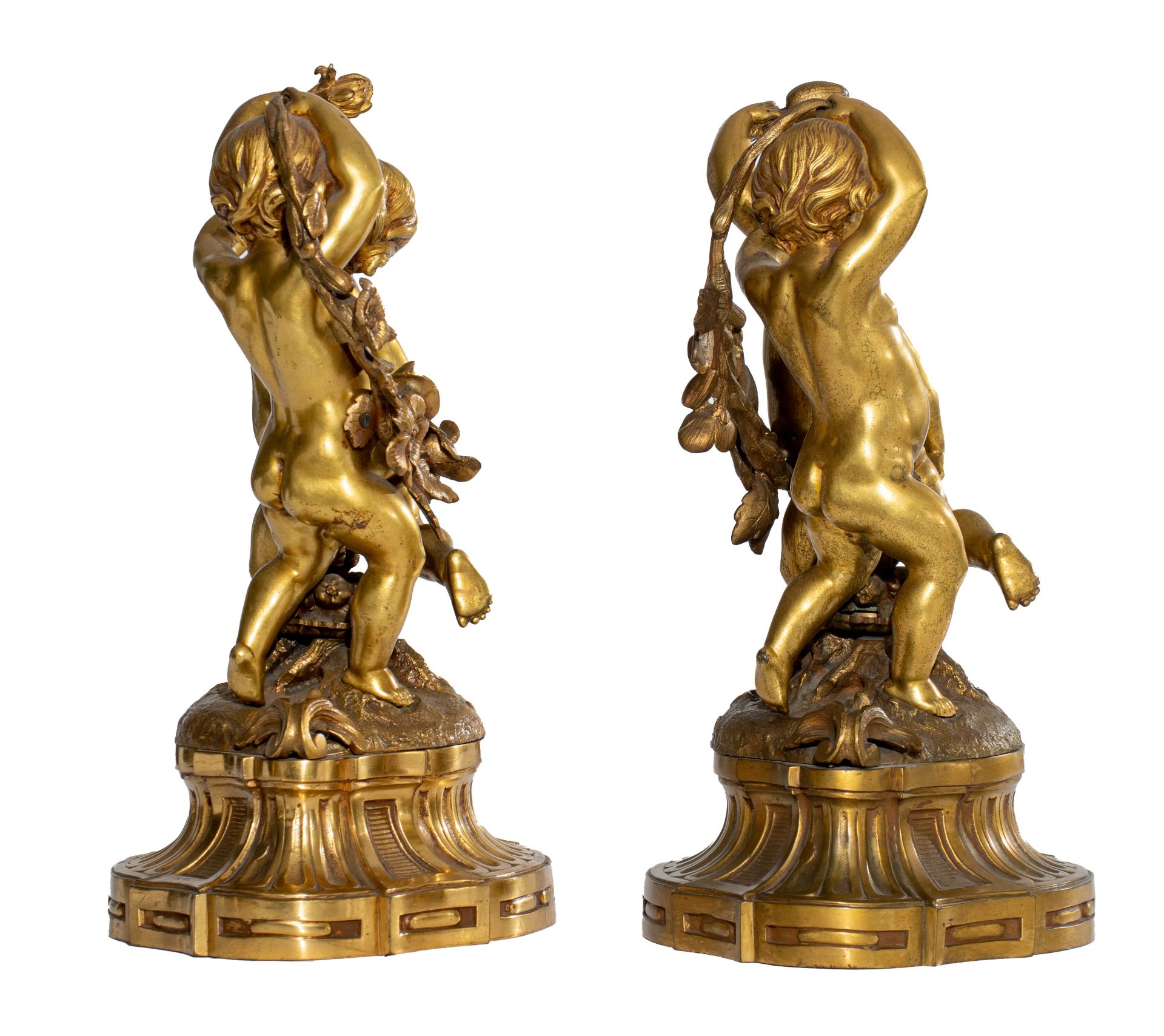A pair of Neoclassical gilt bronze figural lamps on stands, and a matching pair of sculptures of put - Image 7 of 12