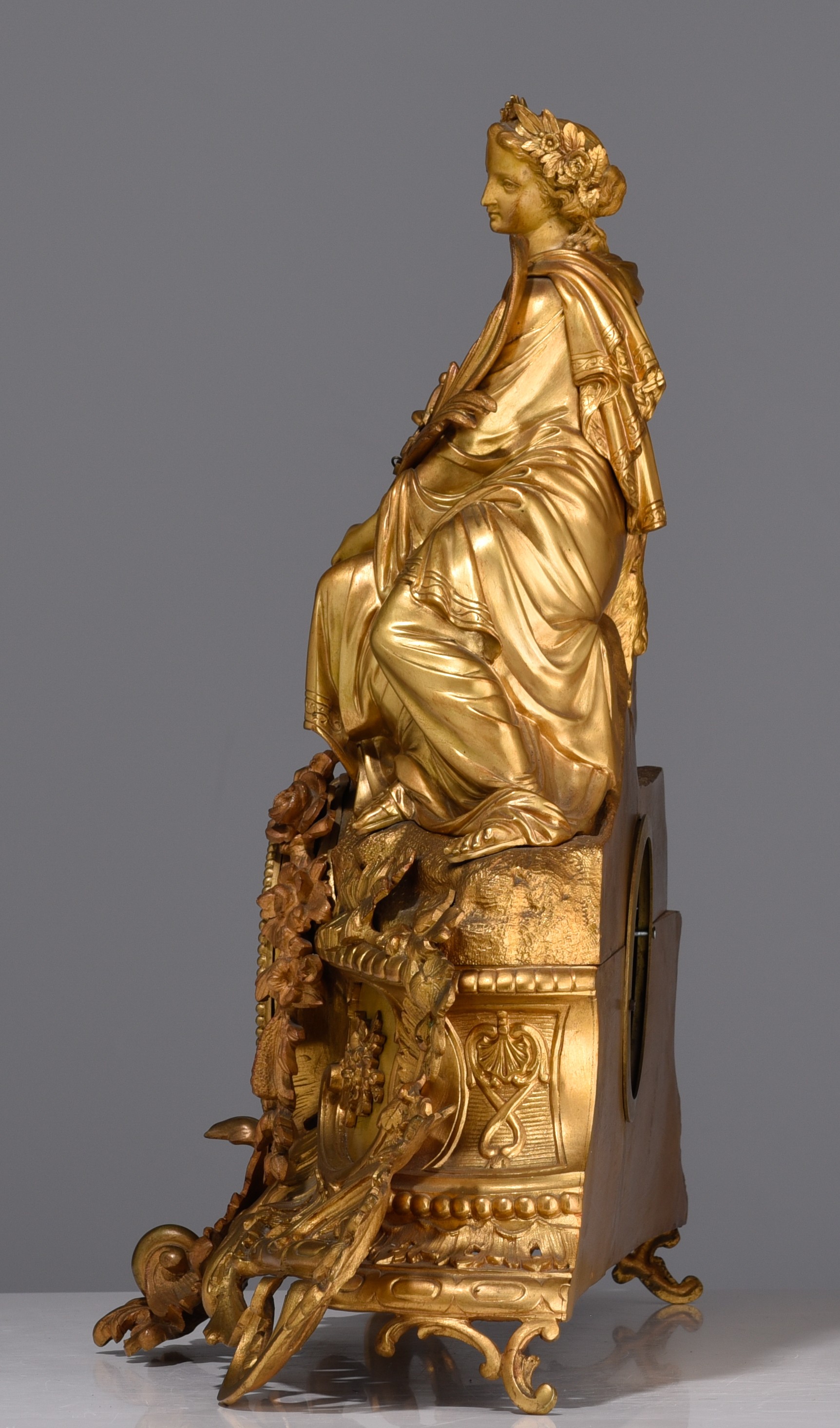 A Napoleon III gilt bronze three-piece mantle clock, with on top Lady Justice, late 19thC, H 51,5 - - Image 3 of 15