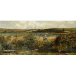 John William Buxton Knight (1842-1908), pastoral figures in a panorama, oil on canvas, 56 x 120 cm