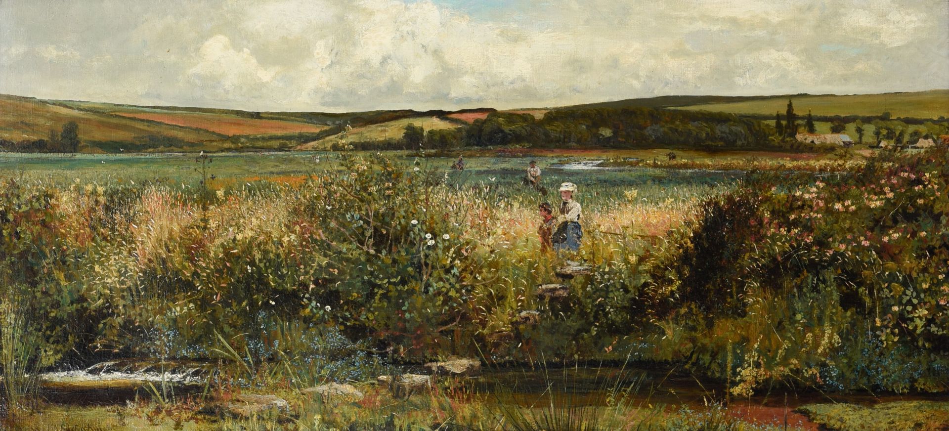 John William Buxton Knight (1842-1908), pastoral figures in a panorama, oil on canvas, 56 x 120 cm