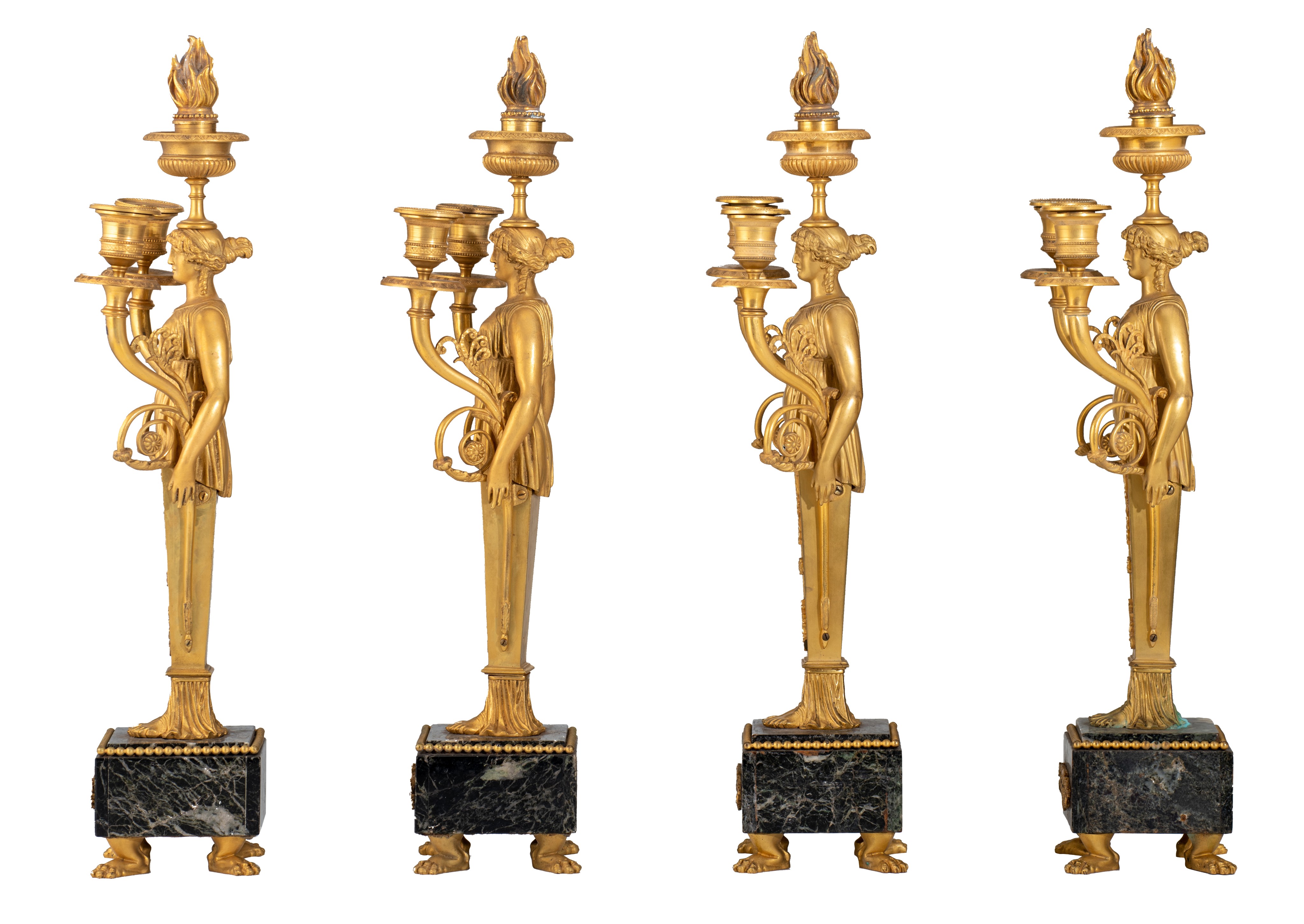 A set of four Empire style caryatid candelabras, gilt bronze on a vert de mer marble base, H 51,5 cm - Image 2 of 5