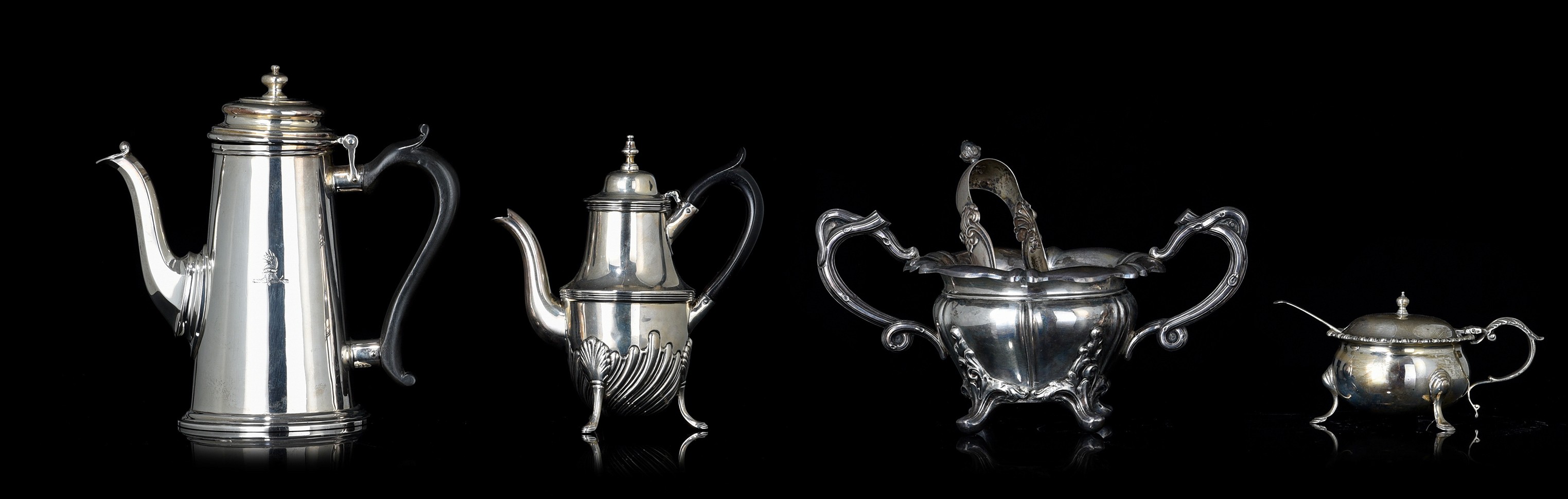 A Delheid silver sugar pot, added English silverware, H 7 - 19 cm, total weight: ca 1303 g (4)