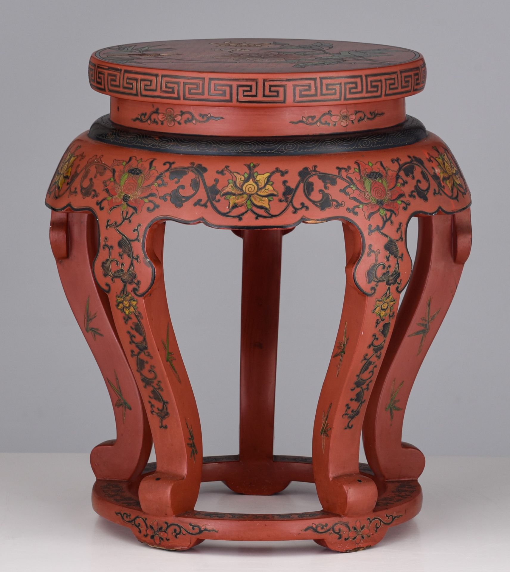 A Chines red lacquered base and a carved hardwood base with a marble top, 19thC/20thC, Tallest H 47 - Bild 9 aus 15