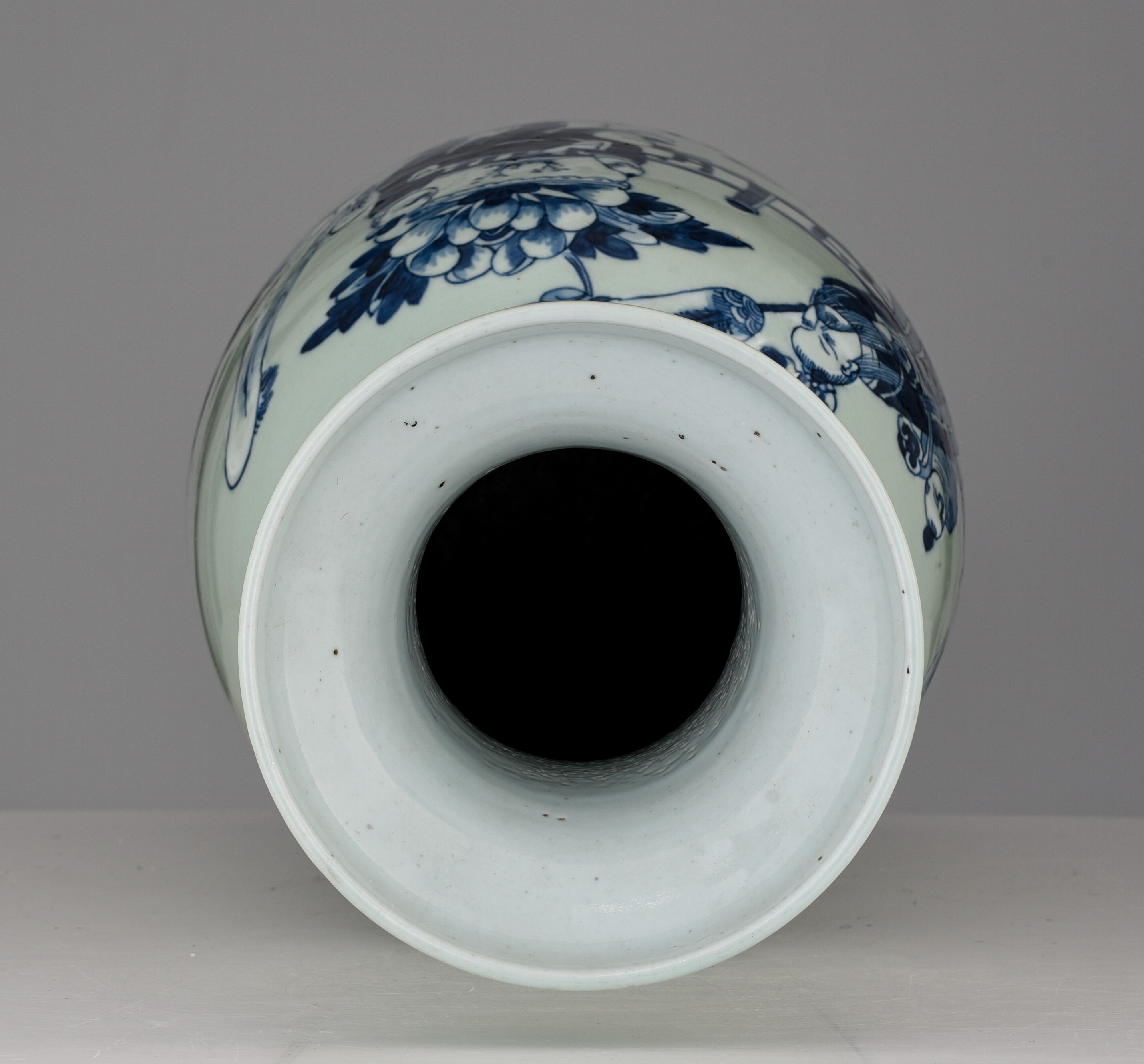 A Chinese blue and white on a celadon ground 'Figural' vase, paired with Fu lion handles, 19thC, H 5 - Image 6 of 7