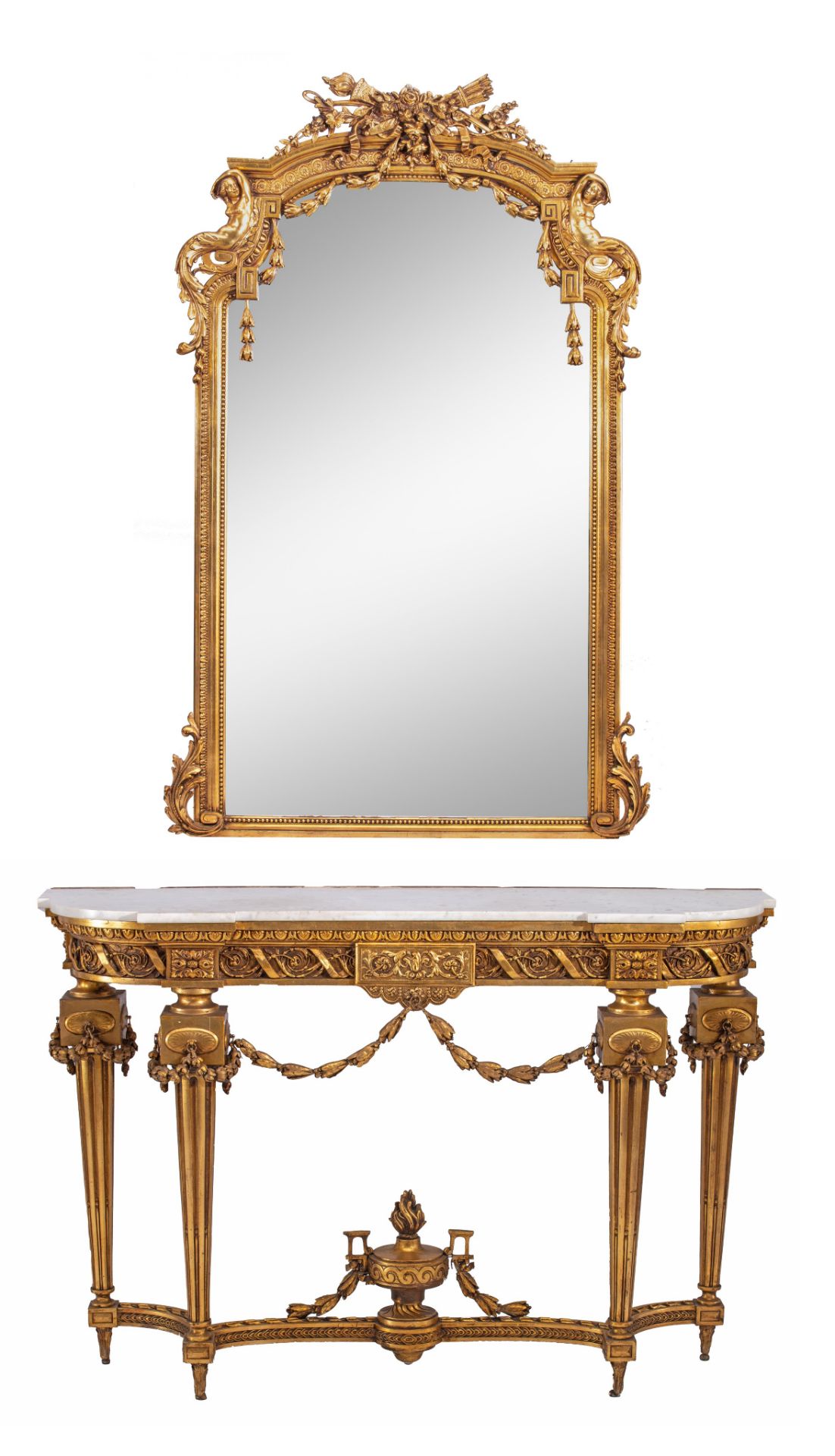 An imposing Neoclassical console table and matching wall mirror, H 92 - W 137 - D 40 - 116 x 191 cm