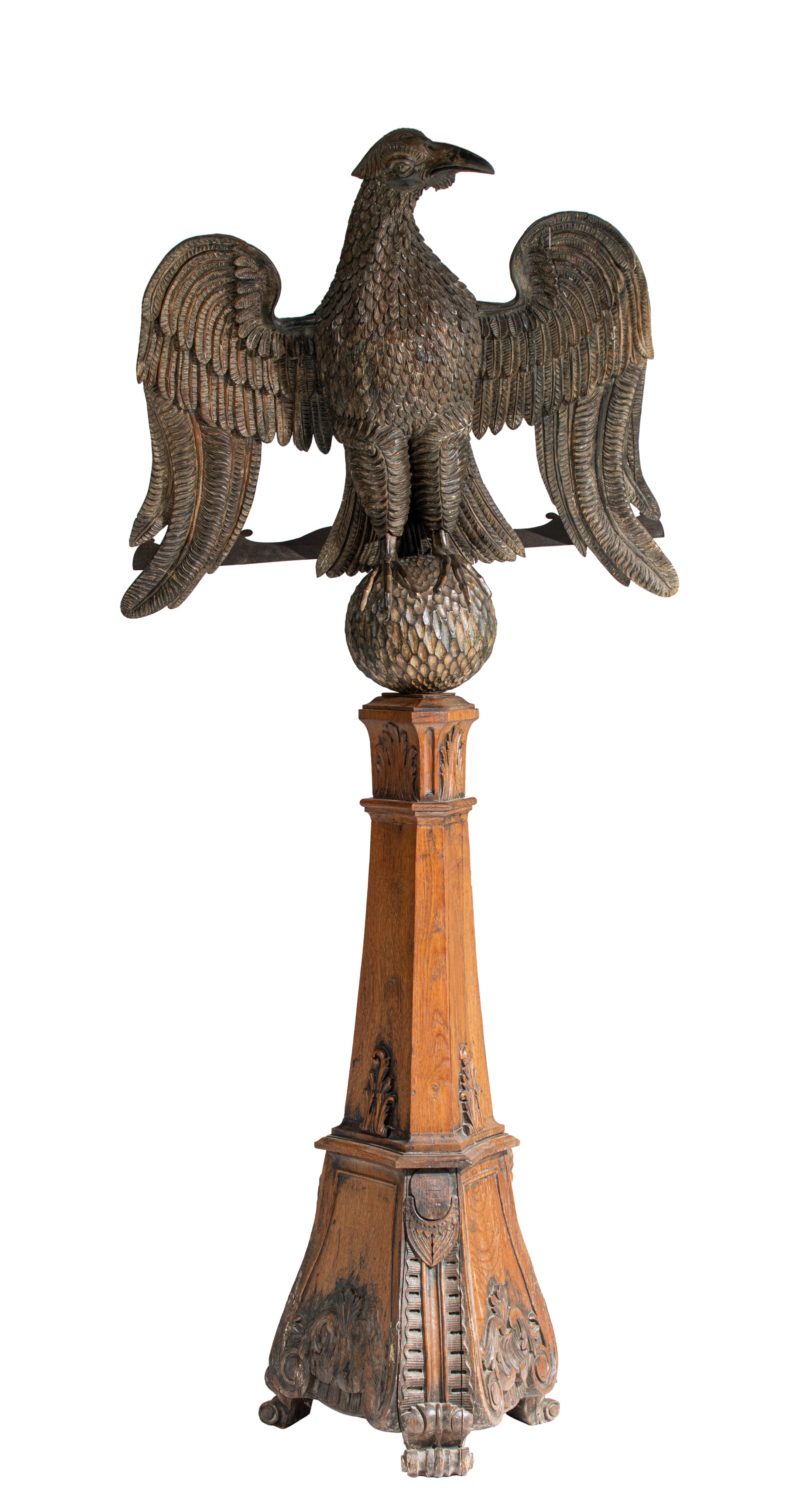 A large and imposing carved oak and pine church eagle lectern, H 230 cm