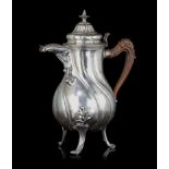 A late 18thC silver coffee pot, Louvain hallmarks (?), maker's mark J. F. Genie (?), H 33 cm