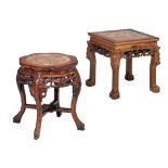 Two Chinese carved hardwood bases, each with a marble top, H 45,5 - 47,5 cm
