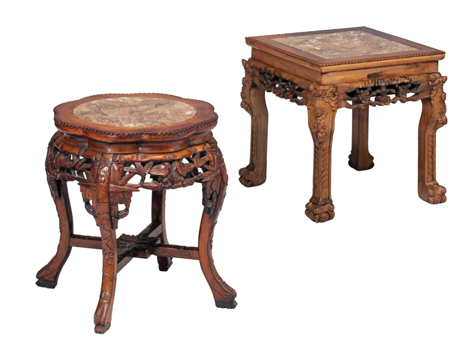 Two Chinese carved hardwood bases, each with a marble top, H 45,5 - 47,5 cm