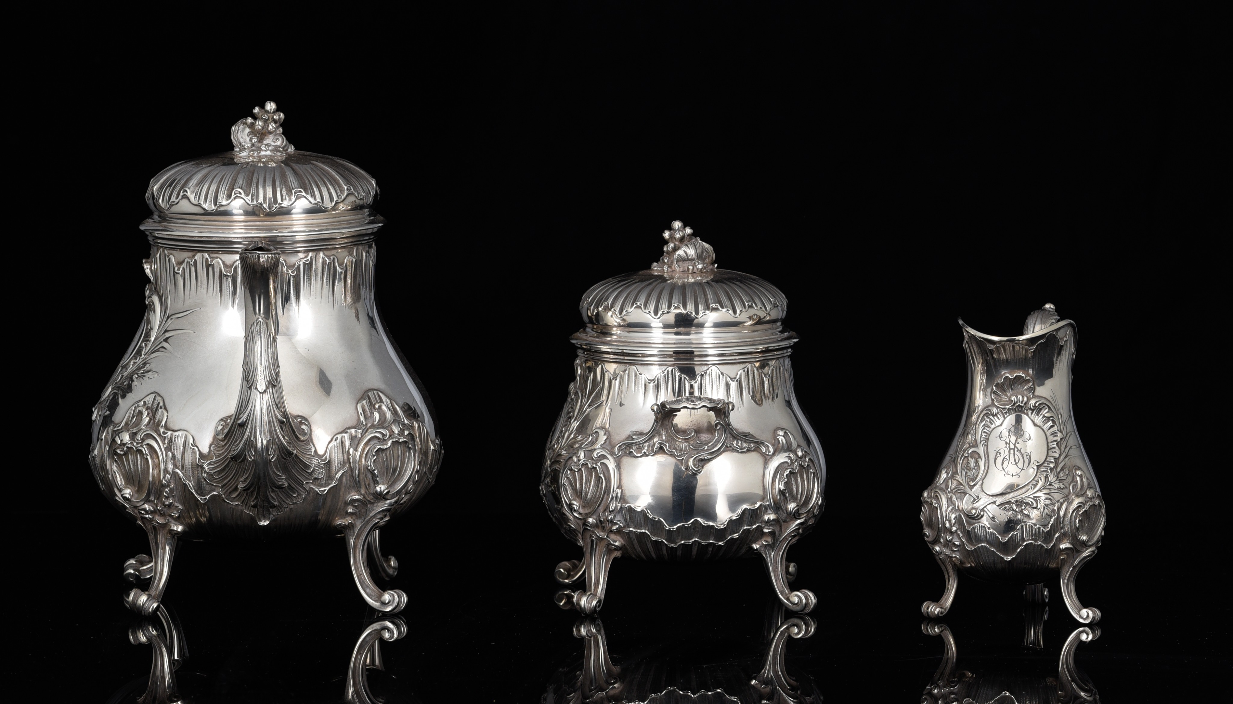 A French three-part silver Rococo Revival coffee set, 950/000, H 13,5 - 22,5 cm, c 1980 g - Image 3 of 7