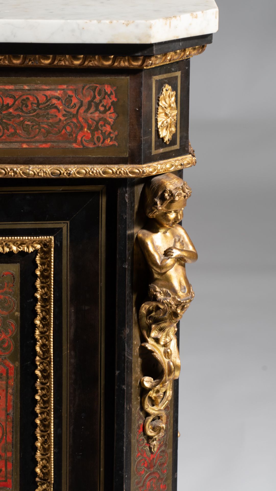 A Napoleon III Boulle work 'meuble d'appui', with gilt bronze mounts and Carrara marble top, H 104 - - Image 11 of 13