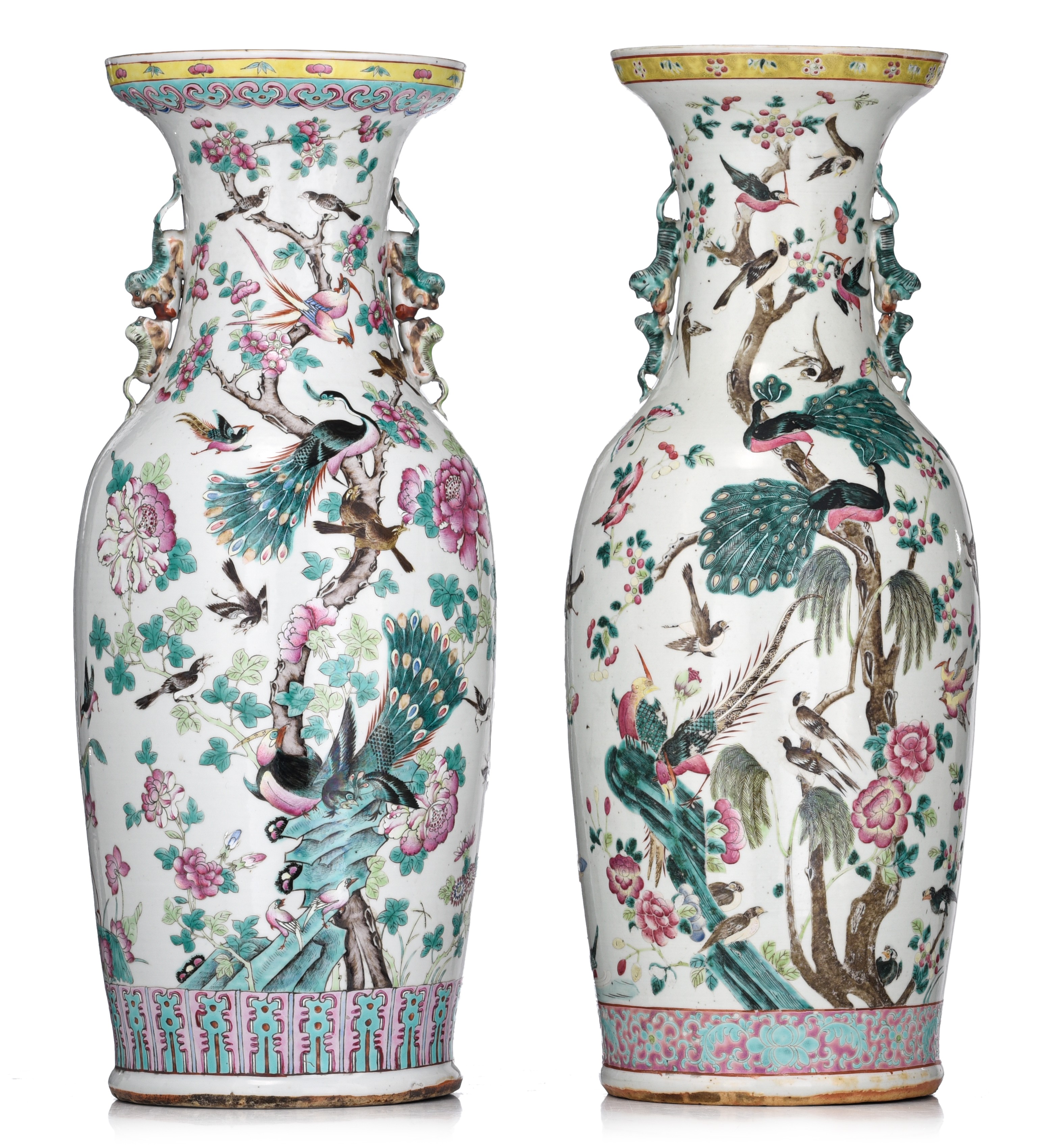 A similar pair of Chinese famille rose 'One Hundred Birds' vases, 19thC, H 62 cm